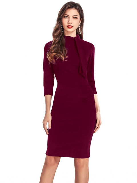 Generic Women's Knitting stretchable Solid Round Neck 3-4th Dress (Maroon)