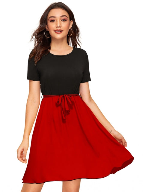 Generic Women's Knitting stretchable Solid Round Neck Cap Sleeve Dress (Red)