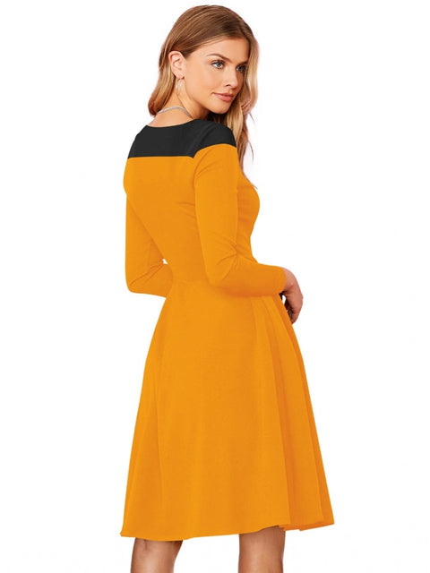 Generic Women's Knitting stretchable Solid Round Neck Full Sleeve Dress (Yellow)