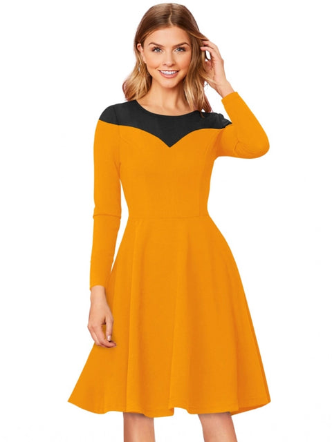 Generic Women's Knitting stretchable Solid Round Neck Full Sleeve Dress (Yellow)