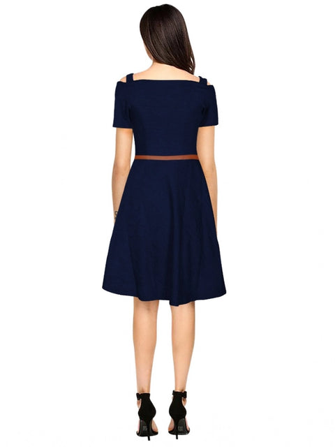 Generic Women's Polyester Solid V Neck Cap Sleeve Dress (Blue)