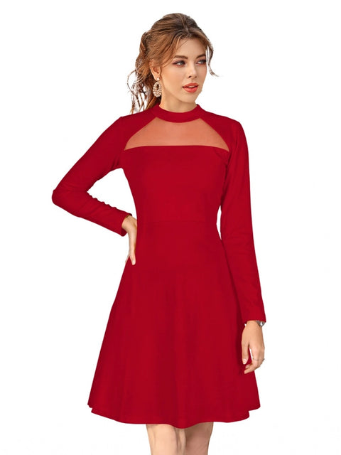 Generic Women's Knitting stretchable Solid Round Neck Full Sleeve Dress (Red)