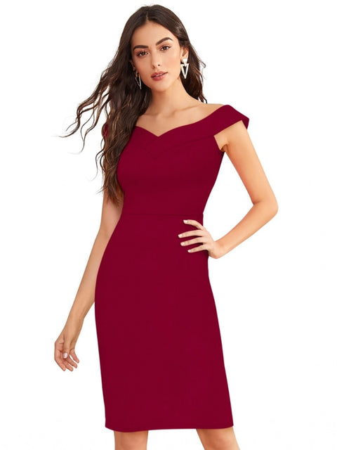 Generic Women's Knitting stretchable Solid Round Neck Sleeveless Dress (Maroon)