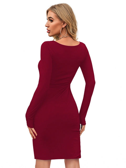 Generic Women's Knitting stretchable Solid Round Neck Full Sleeve Dress (Maroon)