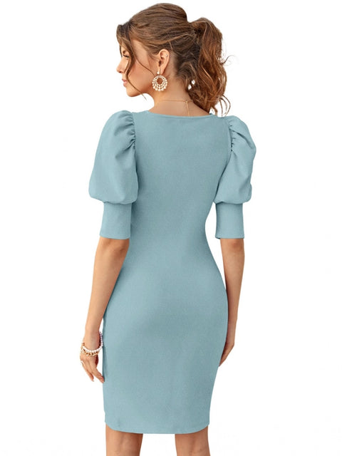 Generic Women's Knitting stretchable Solid Square Neck 3-4 Puff Sleeve Dress (Pista)
