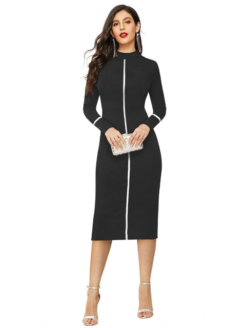 Generic Women's Knitting stretchable Solid Round Neck Full Sleeve Dress (Black)