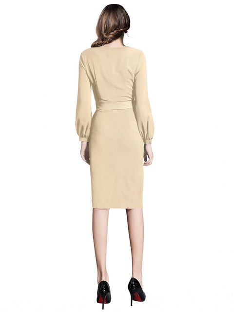 Generic Women's Knitting stretchable Solid Round Neck Full Sleeve Dress (Beige )