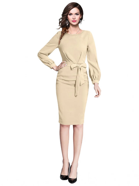 Generic Women's Knitting stretchable Solid Round Neck Full Sleeve Dress (Beige )