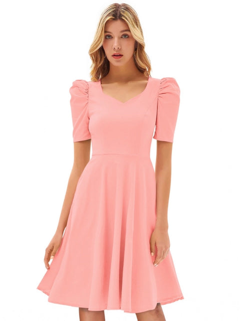 Generic Women's Knitting stretchable Solid V Neck Cap Sleeve Dress (Peach)