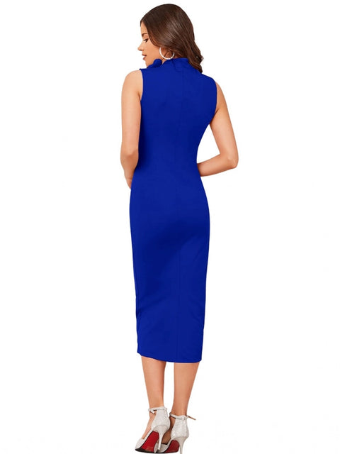 Generic Women's Knitting stretchable Solid Round Neck Sleeveless Dress (Royal Blue)