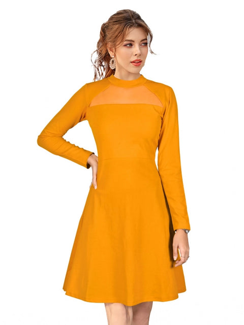 Generic Women's Knitting stretchable Solid Round Neck Full Sleeve Dress (Yellow)