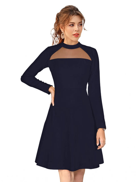 Generic Women's Knitting stretchable Solid Round Neck Full Sleeve Dress (Blue)
