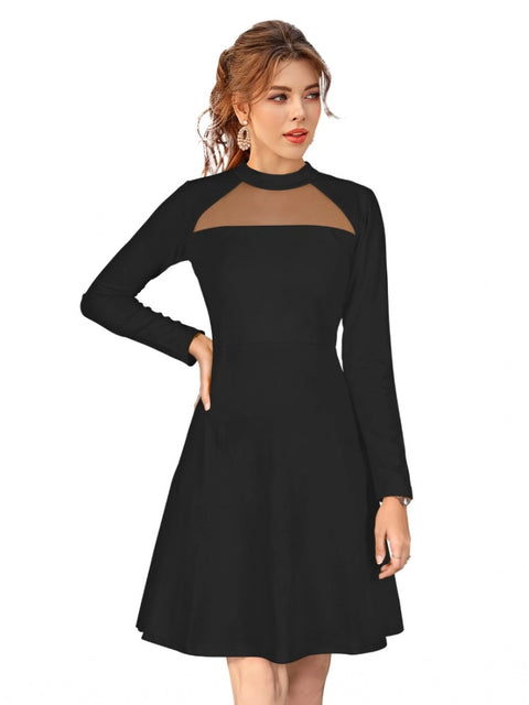 Generic Women's Knitting stretchable Solid Round Neck Full Sleeve Dress (Black)