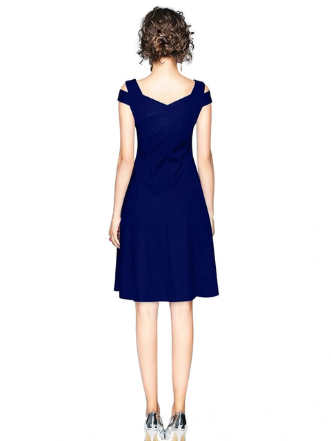 Generic Women's Polyester Solid V Neck Cap Sleeve off Shoulder Dress (Blue)