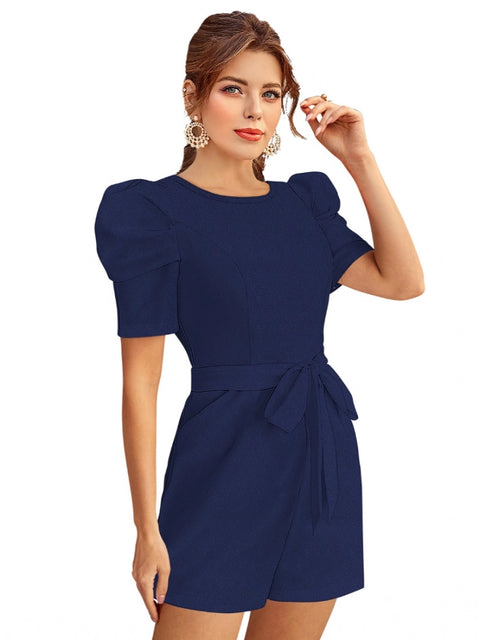 Generic Women's Knitting stretchable Solid Round Neck 3-4 Puff Sleeve Dress (Blue)