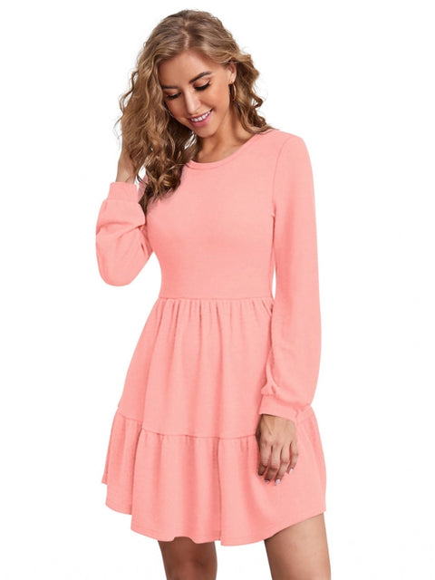 Generic Women's Knitting stretchable Solid Round Neck Full Sleeve Dress (Peach)
