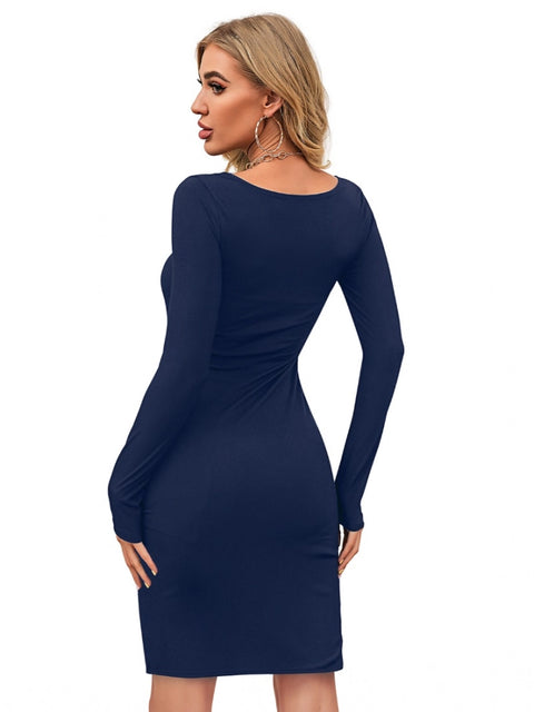 Generic Women's Knitting stretchable Solid Round Neck Full Sleeve Dress (Blue )