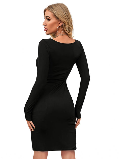 Generic Women's Knitting stretchable Solid Round Neck Full Sleeve Dress (Black)