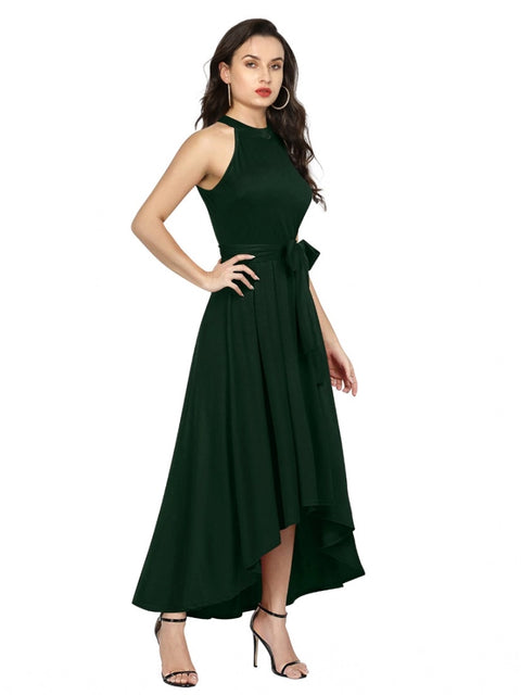 Generic Women's Polyster Solid Halter Neck Sleeveless Dress (Green)