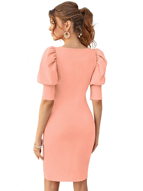 Generic Women's Knitting stretchable Solid Square Neck 3-4 Puff Sleeve Dress (Peach)