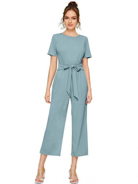 Generic Women's Knitting stretchable Solid Round Neck Cap Sleeve Jumpsuit (Pista )