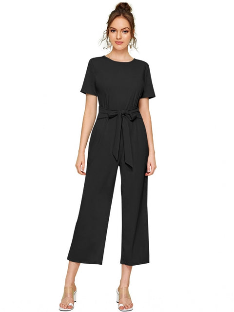 Generic Women's Knitting stretchable Solid Round Neck Cap Sleeve Jumpsuit (Black)