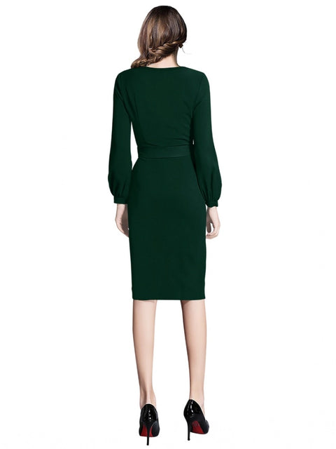 Generic Women's Knitting stretchable Solid Round Neck Full Sleeve Dress (Green)