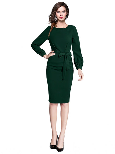 Generic Women's Knitting stretchable Solid Round Neck Full Sleeve Dress (Green)