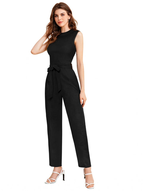 Generic Women's Knitting stretchable Solid Round Neck Sleeveless Jumpsuit (Black)