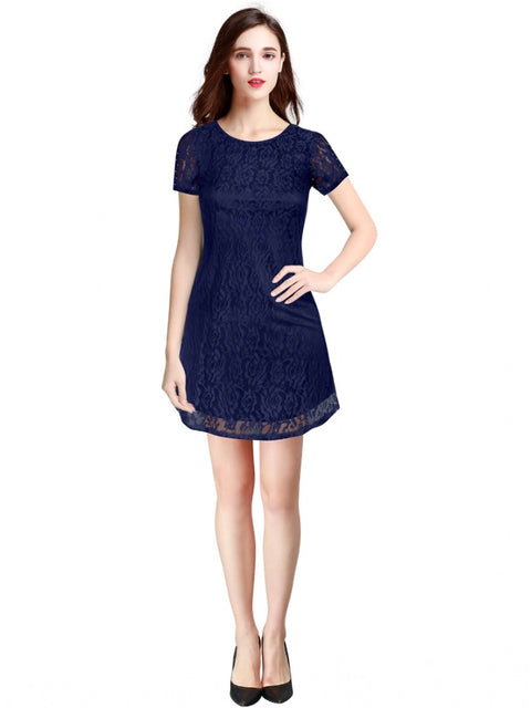 Generic Women's Rasal Solid Round Neck Cap Sleeve Dress (Blue)