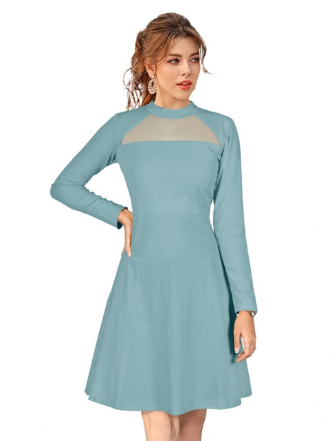 Generic Women's Knitting stretchable Solid Round Neck Full Sleeve Dress (Pista)