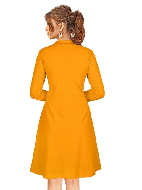 Generic Women's Knitting stretchable Solid Round Neck Full Sleeve Dress (Yellow)