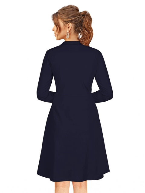 Generic Women's Knitting stretchable Solid Round Neck Full Sleeve Dress (Blue)
