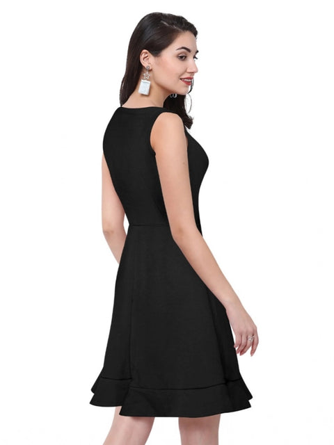Generic Women's Polyester Solid Round Neck Sleeveless Dress (Black)