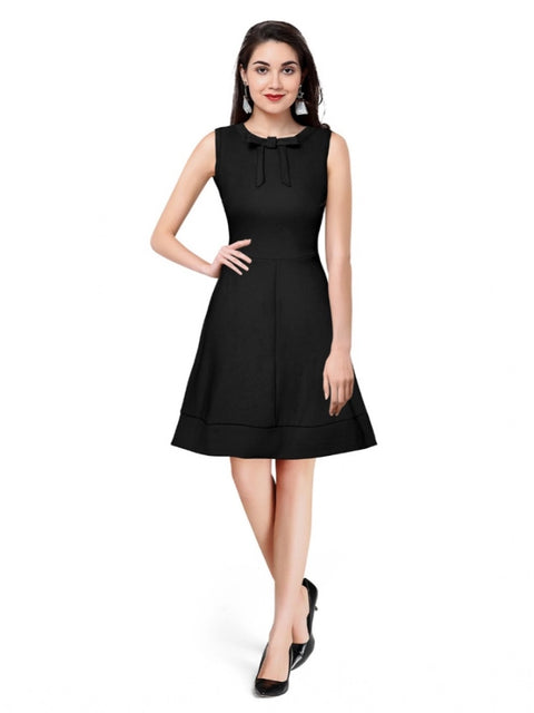 Generic Women's Polyester Solid Round Neck Sleeveless Dress (Black)