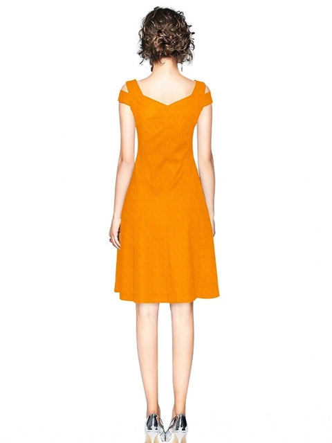 Generic Women's Polyester Solid V Neck Cap Sleeve off Shoulder Dress (Yellow)