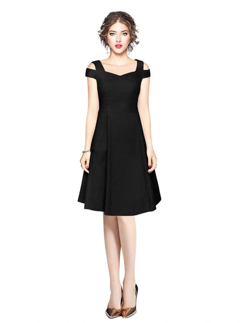 Generic Women's Polyester Solid V Neck Cap Sleeve off Shoulder Dress (Black)