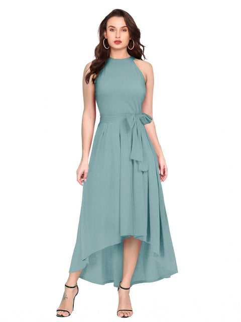 Generic Women's Polyester Solid Halter Neck Sleeveless Dress (Pista)
