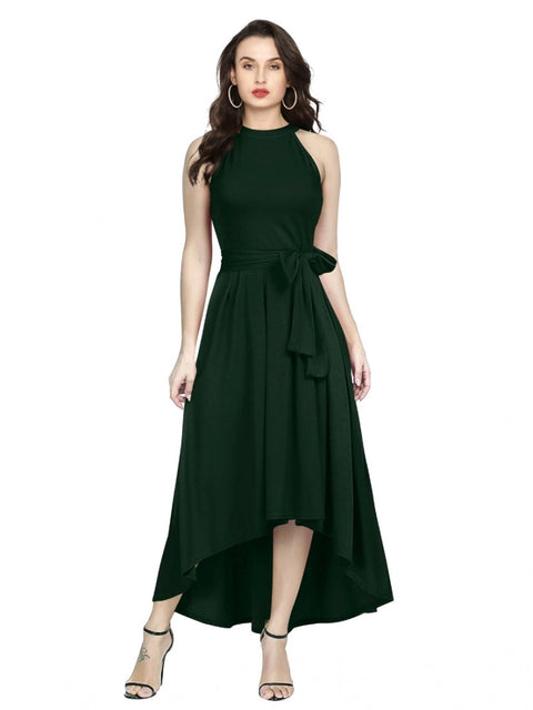 Generic Women's Polyster Solid Halter Neck Sleeveless Dress (Green)