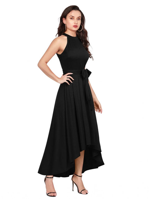 Generic Women's Polyster Solid Halter Neck Sleeveless Dress (Black)