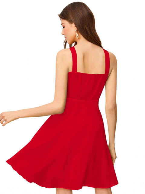 Generic Women's Knitting stretchable Solid Halter Neck Sleeveless Dress (Red )