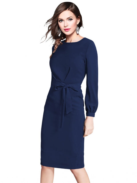 Generic Women's Knitting stretchable Solid Round Neck Full Sleeve Dress (Blue)