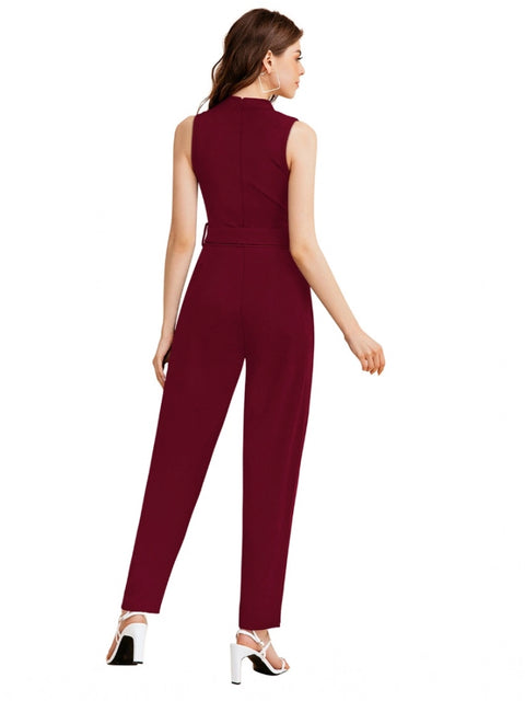 Generic Women's Knitting stretchable Solid Round Neck Sleeveless Jumpsuit (Maroon)