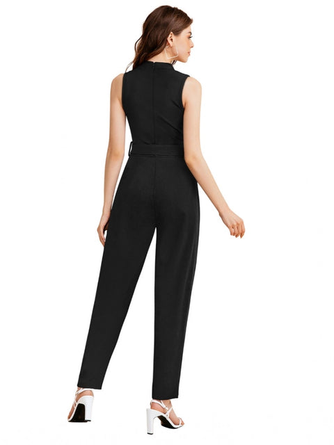 Generic Women's Knitting stretchable Solid Round Neck Sleeveless Jumpsuit (Black)