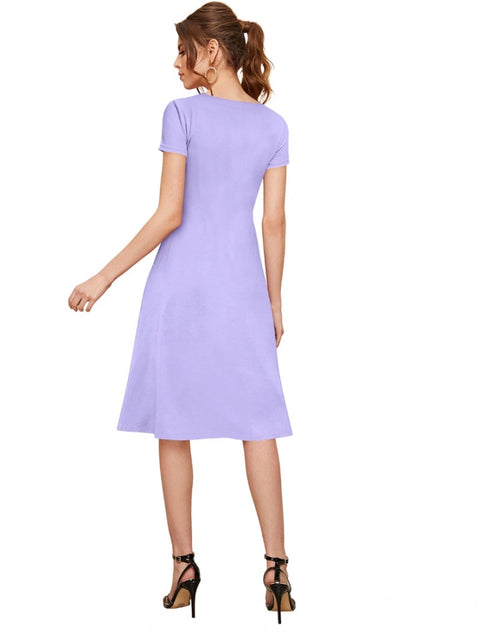 Generic Women's Knitting stretchable Solid Round Neck Cap Sleeve Dress (Purple)