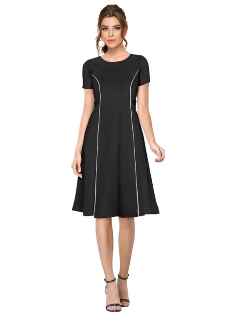 Generic Women's Knitting stretchable Solid Round Neck Cap Sleeve Dress (Black)