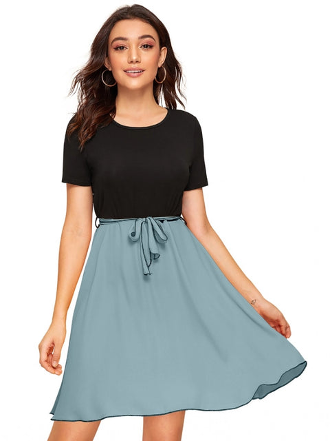 Generic Women's Knitting stretchable Solid Round Neck Cap Sleeve Dress (Pista)