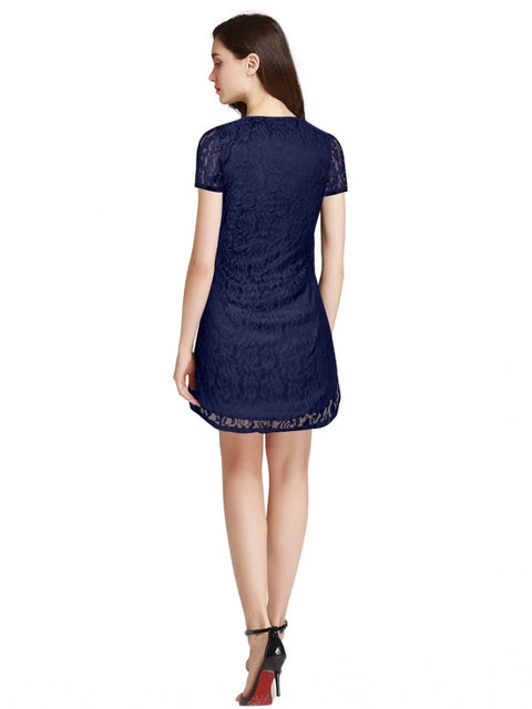 Generic Women's Rasal Solid Round Neck Cap Sleeve Dress (Blue)
