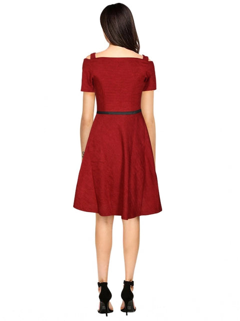 Generic Women's Polyester Solid V Neck Cap Sleeve Dress (Maroon)