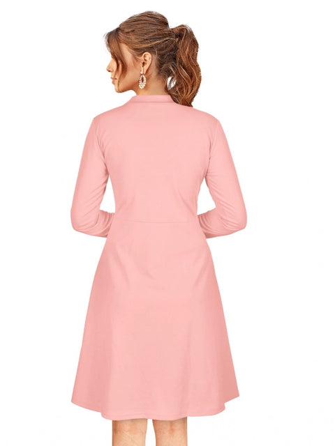Generic Women's Knitting stretchable Solid Round Neck Full Sleeve Dress (Peach)